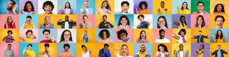 Featuring a variety of multiracial, multiethnic people, this international-style collage captures happy, expressive faces from around the world photo