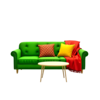 A vibrant green sofa featuring plush pillows, alongside a chic coffee table, creating an inviting atmosphere png