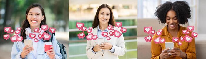 Three multiethnic women smiling and looking at their smartphones. Surrounding each of them are red heart icons representing digital likes, suggesting the enjoyment of positive online interaction. photo