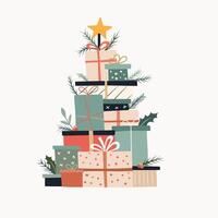 Stack of wrapped Christmas presents arranged like a tree, decorated with leaves and star on top vector