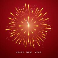 Fireworks burst around a clock striking midnight on a red background vector