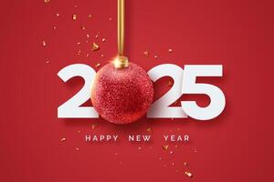 2025 Happy New Year. White numbers, confetti and Christmas ball hang on ribbon. New Year 2025 greeting card vector