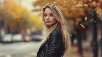 A young woman with long blonde hair poses confidently on a city street during fall. Surrounding trees display vibrant autumn leaves while the atmosphere evokes a sense of calm and style. photo