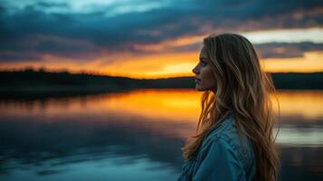 With long hair flowing gently in the breeze, a woman stands by a tranquil lake, admiring a stunning sunset that paints the sky in shades of orange and purple, embodying serenity and contemplation. photo