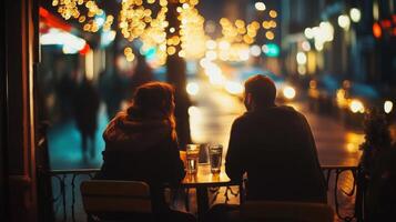 A couple sits at a small table outside a cafe, sipping drinks. The streets are illuminated with warm lights and reflections from rain, creating a romantic atmosphere as people pass by. photo