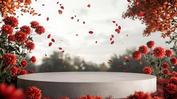 A circular platform is elegantly set amidst lush red flowers, with colorful leaves gently falling all around. The setting is outdoor and atmospheric, with a moody sky hinting at an impending change. photo
