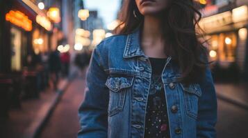 A young woman wearing a denim jacket strolls through a lively city street during twilight. Surrounding lights create a warm atmosphere as people walk by, adding to the vibrant urban scene. photo