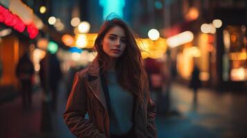 A young woman poses confidently in a bustling urban environment filled with bright neon lights. The atmosphere is lively as pedestrians move about in the background during the night. photo