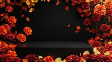 A striking collection of red, orange, and yellow flowers envelops a sleek black display area, ideal for showcasing products or decorations in an autumn-themed event or presentation. photo