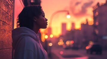 As the sun sets, a young woman leans against a wall, contemplating her surroundings. The streets are illuminated by soft, warm lights, creating a serene atmosphere in the urban environment. photo