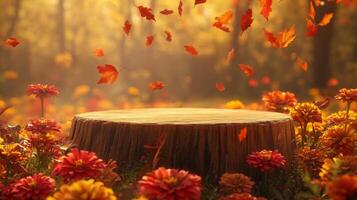 A tree stump sits in the middle of a field of colorful flowers with falling leaves. photo