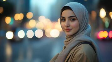 A young woman with dark hair and a hijab smiles at the camera while standing in a city with blurred lights in the background. The woman is wearing a beige jacket and a hijab. photo
