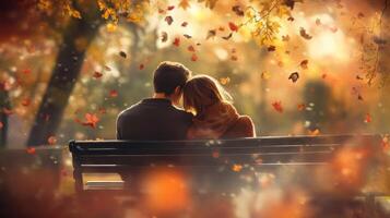 A couple sits closely together on a park bench under a canopy of golden autumn leaves, enjoying a quiet, intimate moment as colorful leaves gently fall around them during the evening light. photo