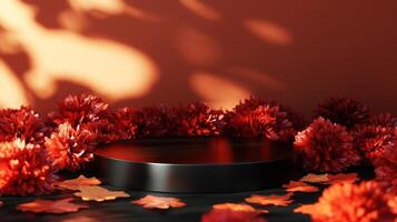 A black platform is surrounded by red flowers, with a few fallen leaves scattered on the floor. There is a warm orange glow in the background. photo