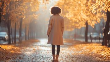 A woman with curly hair strolls along a serene path adorned with vibrant autumn leaves. The sun shines through the trees, creating a warm glow and highlighting the beauty of the season. photo