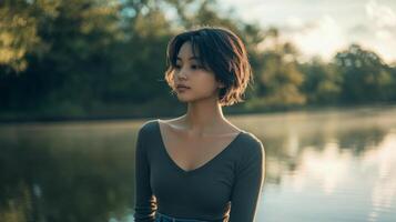 A young asian woman stands quietly near a tranquil waterway at sunset, illuminated by soft golden light. The natural surroundings create a serene atmosphere as she reflects on her thoughts. photo