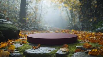 A circular platform rests quietly on a path covered in vivid autumn leaves, surrounded by a misty forest. The early morning light filters through trees, creating a serene, enchanting atmosphere. photo