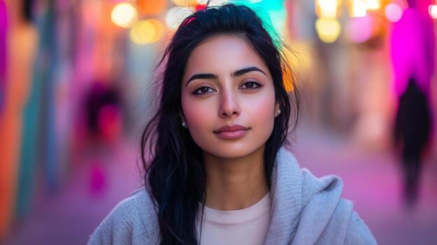 A young woman stands confidently in a lively urban area, illuminated by colorful lights. The background is filled with soft, blurred figures, creating a dynamic evening atmosphere. photo