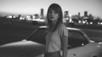 A young woman in a casual outfit stands beside a vintage car. The city skyline is visible, illuminated by evening lights, creating a serene yet vibrant atmosphere as twilight settles in. photo