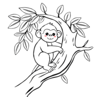 Coloring page of a monkey hanging a branch on a tree on an Isolated transparent background png