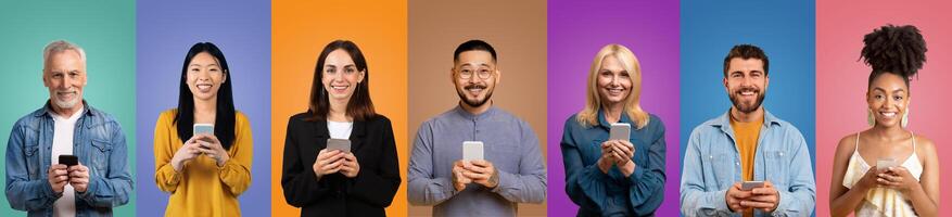 A diverse group of individuals smiles while using smartphones. Each person stands against a distinct colored background, showcasing unity and modern technology in a bright setting. photo