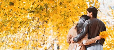 Back view of couple hugging and walking together by autumn forest, panorama with empty space photo