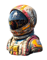 A 3D model of a graffiti astronaut, adorned with vibrant colors and intricate designs, is showcased on a transparent background. png