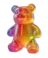 A colorful gummy bear, shimmering with iridescent hues, sits cheerfully, isolated on a transparent background. png