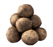 A pyramid of seven whole coconuts, with varying shades of brown and textures, creates a unique and natural display. png
