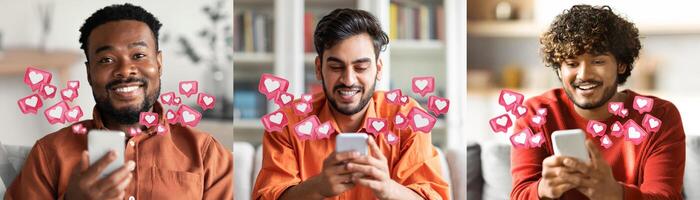 Three diverse men are smiling as they use their phones. They are all receiving likes on their social media posts, represented by floating hearts around them. photo