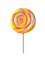 A colorful lollipop with a spiral pattern of yellow, pink, and white is displayed on a transparent background. png