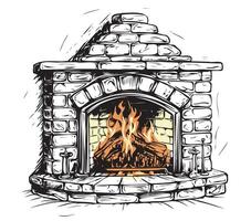 A drawing of a fireplace with a fire vector