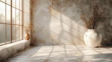 A simple, minimalist interior with soft, natural light streaming through a large window, casting shadows on the walls and floor. Two vases, one gold and one white, stand on a window ledge, adding a touch of elegance. photo