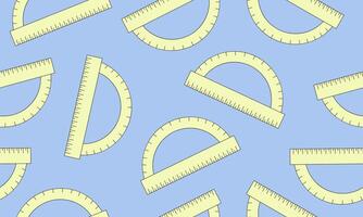 Seamless horizontal pattern. Yellow 180 degree protractor on blue background. School, work or office drawing device. vector