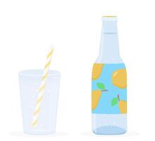 Fruit lemonade or sparkling water in a bottle accompanied by a glass with straw. Carbonated soft drink and beverage with bubbles. Cartoon flat elements isolated on white background. vector