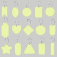 Yellow paper tag collection. Stylish options for gifting and pricing. paper labels of different shapes with cord. Graphic template for buisness, retail shope, store, sale offer. vector