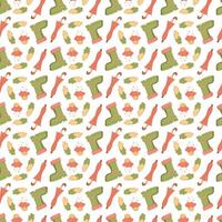 Seamless pattern with an umbrella, green rubber boots and clouds. Suitable for wrapping paper. vector
