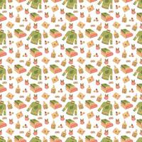 Seamless pattern with warm sweaters, books, candles. Suitable for wrapping paper. vector