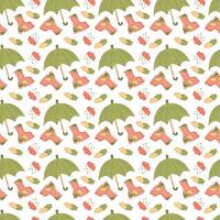 Seamless pattern with an umbrella, rubber boots and clouds. Suitable for wrapping paper. vector