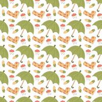 Seamless pattern with an umbrella, yellow rubber boots and clouds. Suitable for wrapping paper. vector