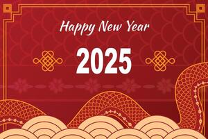 Chinese style Happy New Year 2025 banner, with a snake and traditional wave patterns on a red background vector