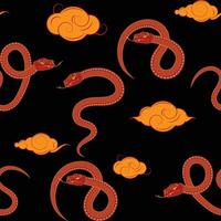 Seamless pattern with snakes and clouds in Chinese style on a dark backdrop. For textile, paper and backgrounds vector