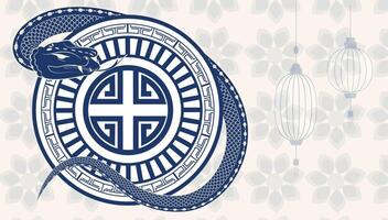 Horizontal blue banner with snake, shield, floral design and lantern. Blank space for custom text vector