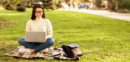 Asian woman is sitting on a colorful blanket outdoors and using a laptop. She is focused on the screen, typing and scrolling. The setting appears to be a park or garden, panorama with copy space photo