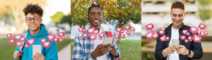 Three young multiethnic guy all smiling and looking at their smartphones. They are standing in different urban settings. Animated heart icons are floating around them photo