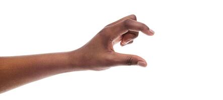 Black female hand measuring invisible items, showing small amount of something with gesture, isolated on white background, panorama photo