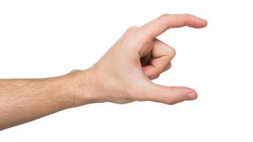 Male hand measuring invisible items, man's palm making gesture while showing small amount of something on white isolated background, side view, close-up, cutout, copy space photo