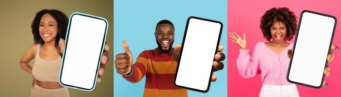 A gathering of black people standing together in a group, holding up a phone with a blank screen. They seem engaged and focused on the device, mobile app concept photo