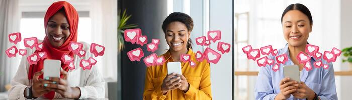 Three multiethnic women sitting in separate rooms, each looking at smartphone with a happy expression. Above them, various pink hearts are floating, representing likes or social media notifications. photo
