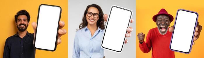 A diverse group of individuals standing together, each holding up a modern smartphone with a blank screen. The background is a vibrant shade of yellow, making the devices and people stand out. photo